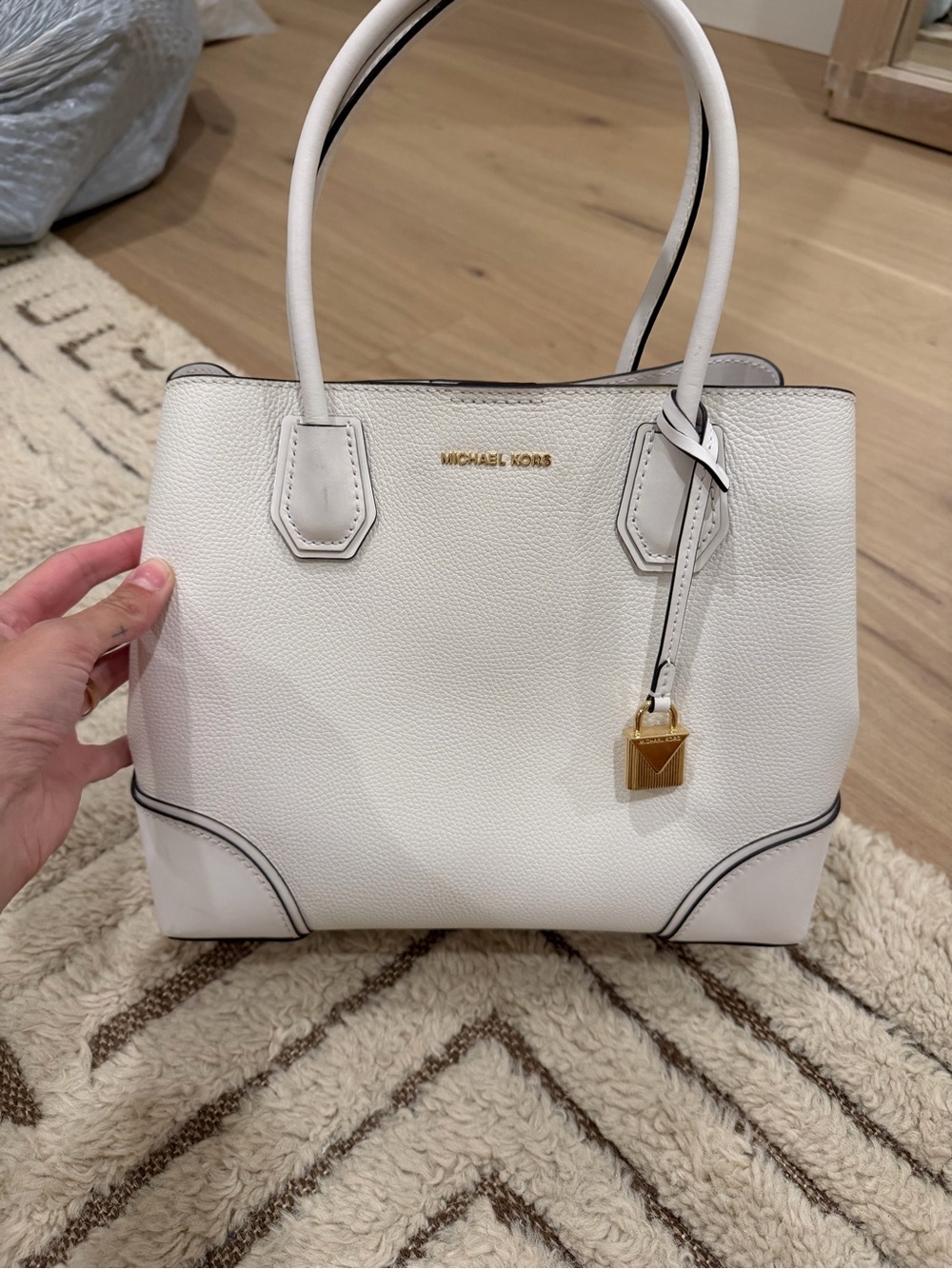 Michael Kors White Pebbled Leather Satchel with Gold Accent